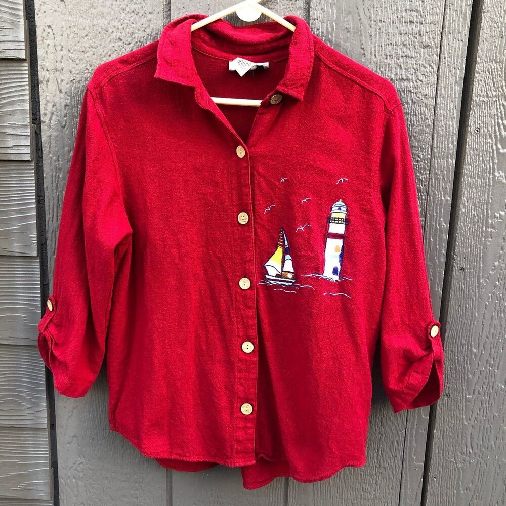 Vintage red coastal grandma 55% linen and 45% cotton 3/4 cuffed sleeve shirt